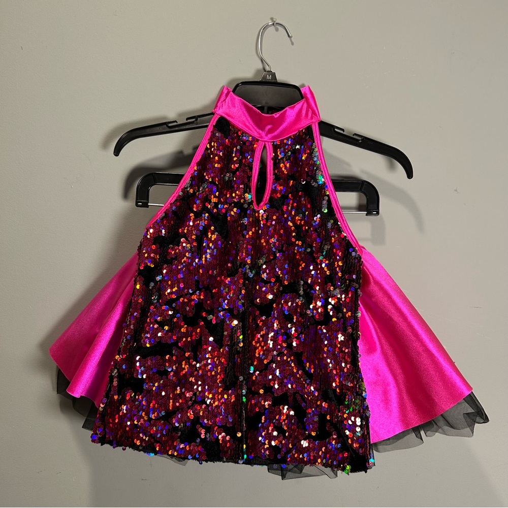 A Wish Come True Girl’s Dance Recital 2 Pc Costume Pink Black Sequins with Bonus - Picture 3 of 16